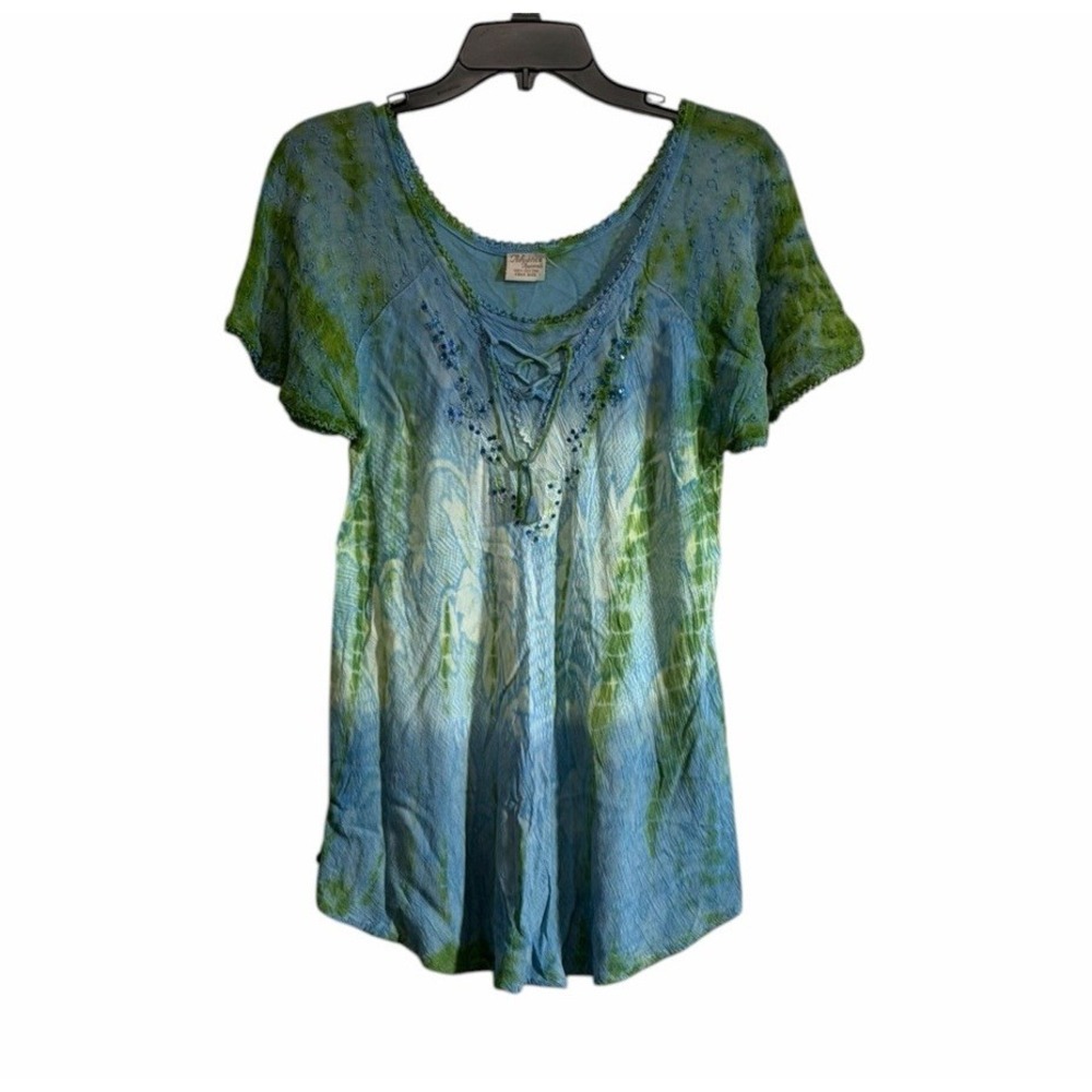 Advance Apparels Small Top Lace Up Embroidered Beaded Cap Sleeve Fairy Boho Y2k